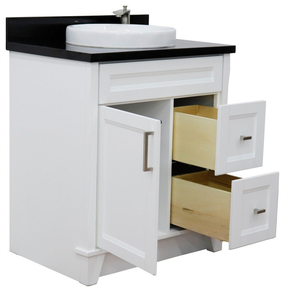31" Single Sink Vanity, White Finish With Black Galaxy Granite With Round Sink