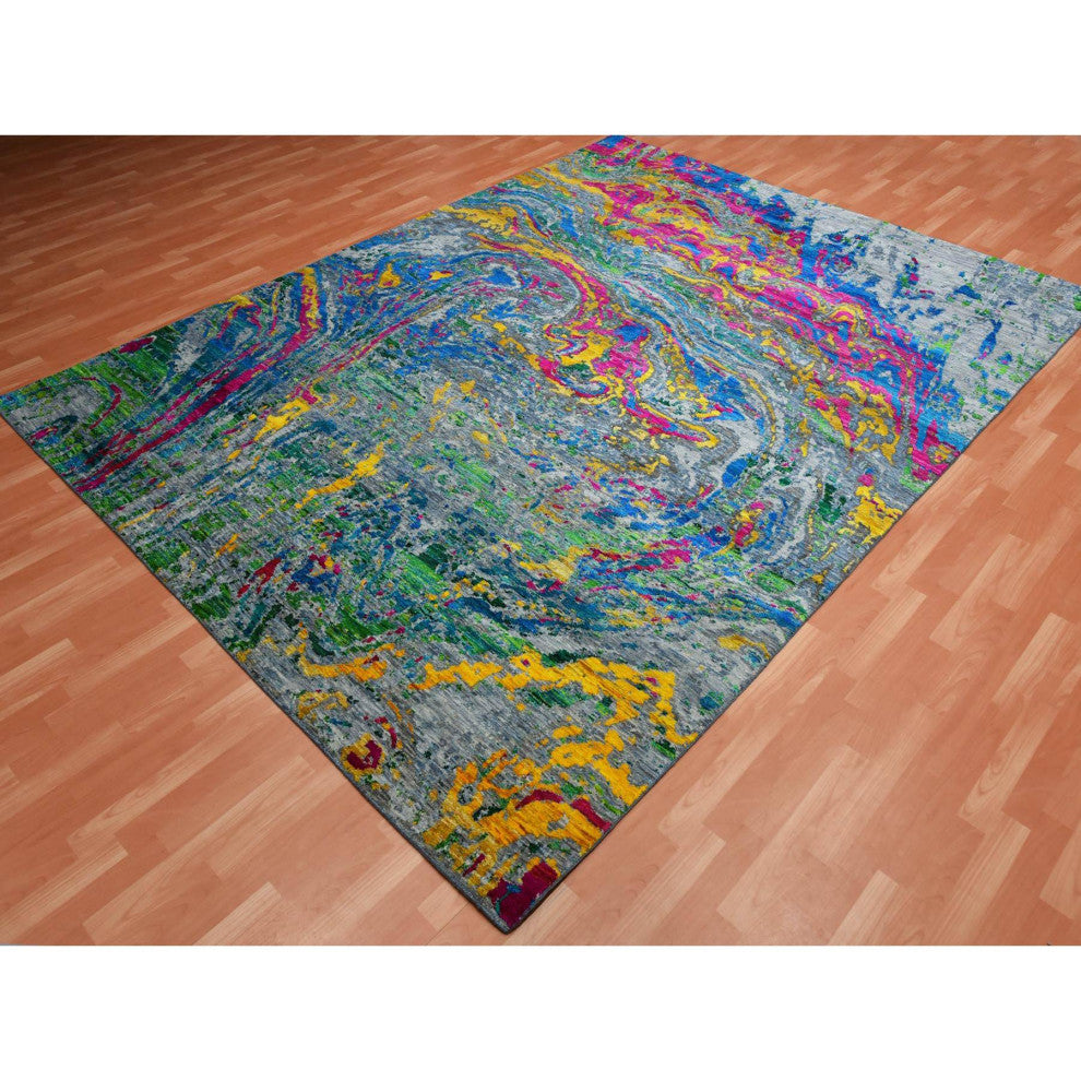 Gray Lava Design, Sari Silk With Wool Hand Knotted, Oriental Rug, 9'0"x11'9"