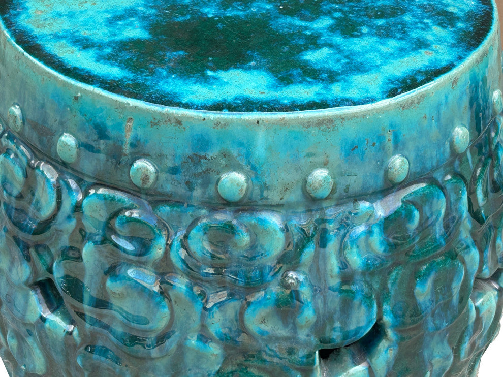 Green Teal Turquoise Swirl Cloud Pattern Round Ceramic Stool Table Hws4577