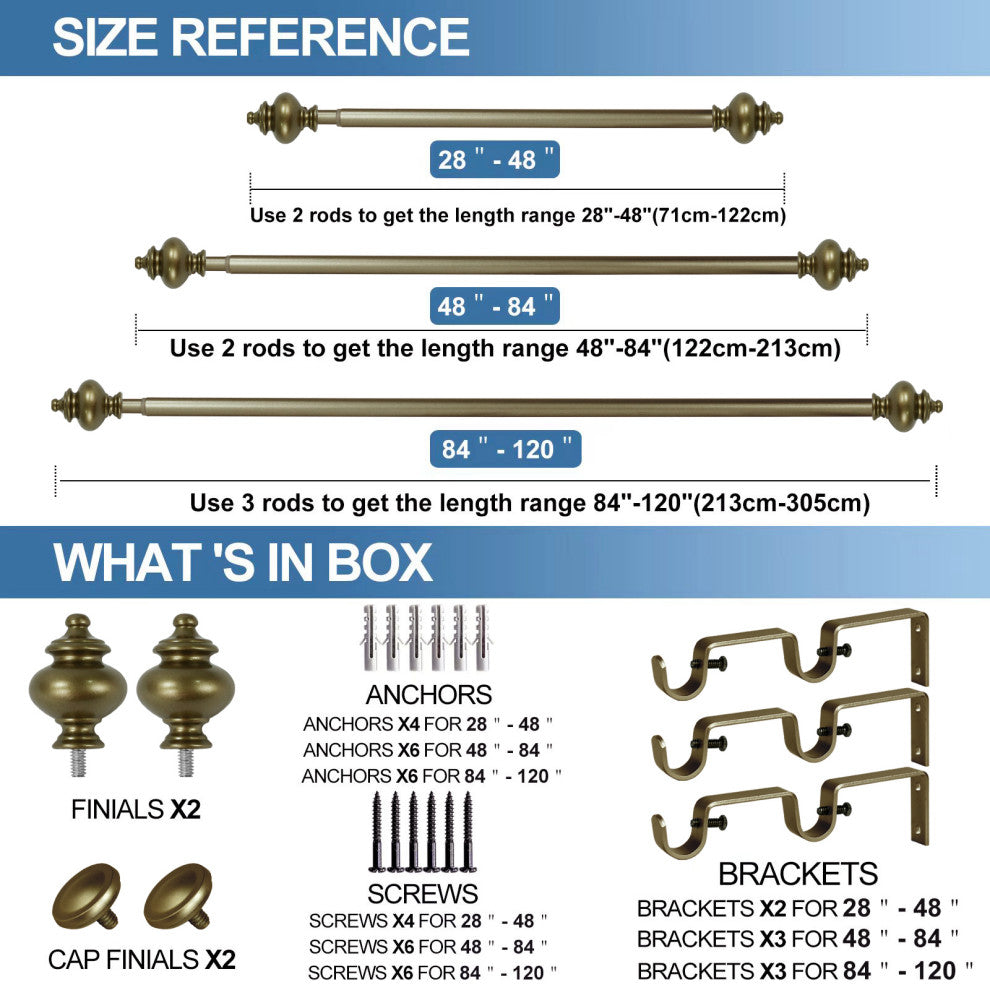 Round Urn Adjustable Double Curtain Rod Set, 5/8", Antique Gold, 48"-84"