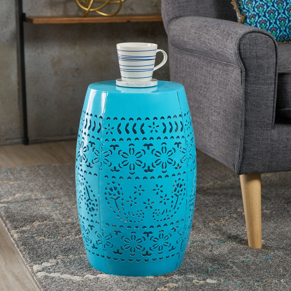 GDF Studio Apple Indoor 12" Lace Cut Iron Side Table, Blue