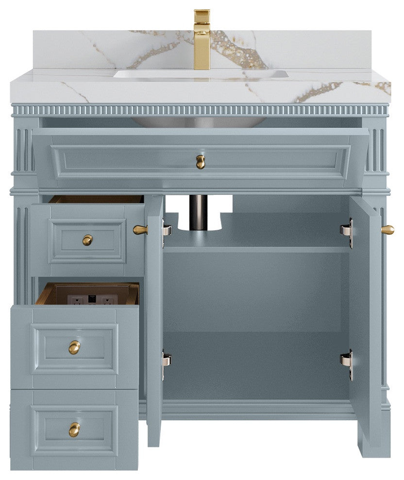 Paris 36" Center Sink Bathroom Vanity, Blue Heather 2" Calacatta Gold