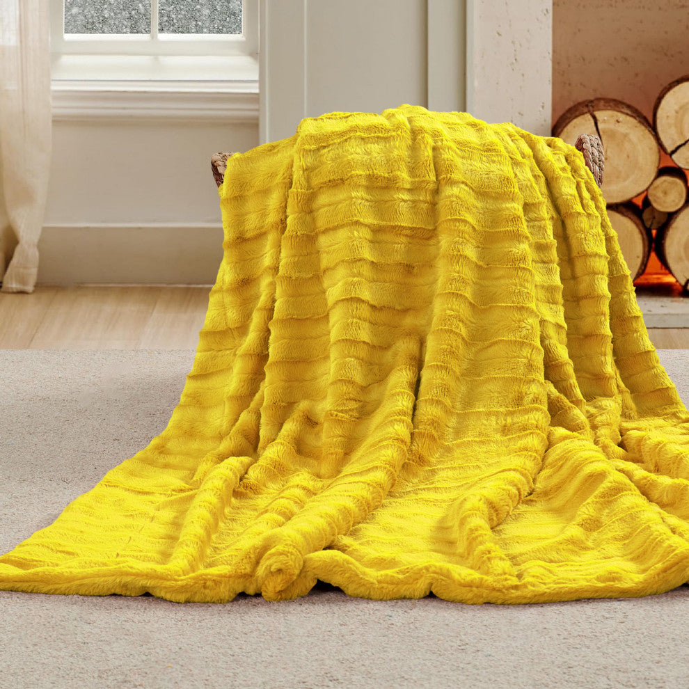 Derby Double Sided Faux Fur Throw Blanket, Lemon