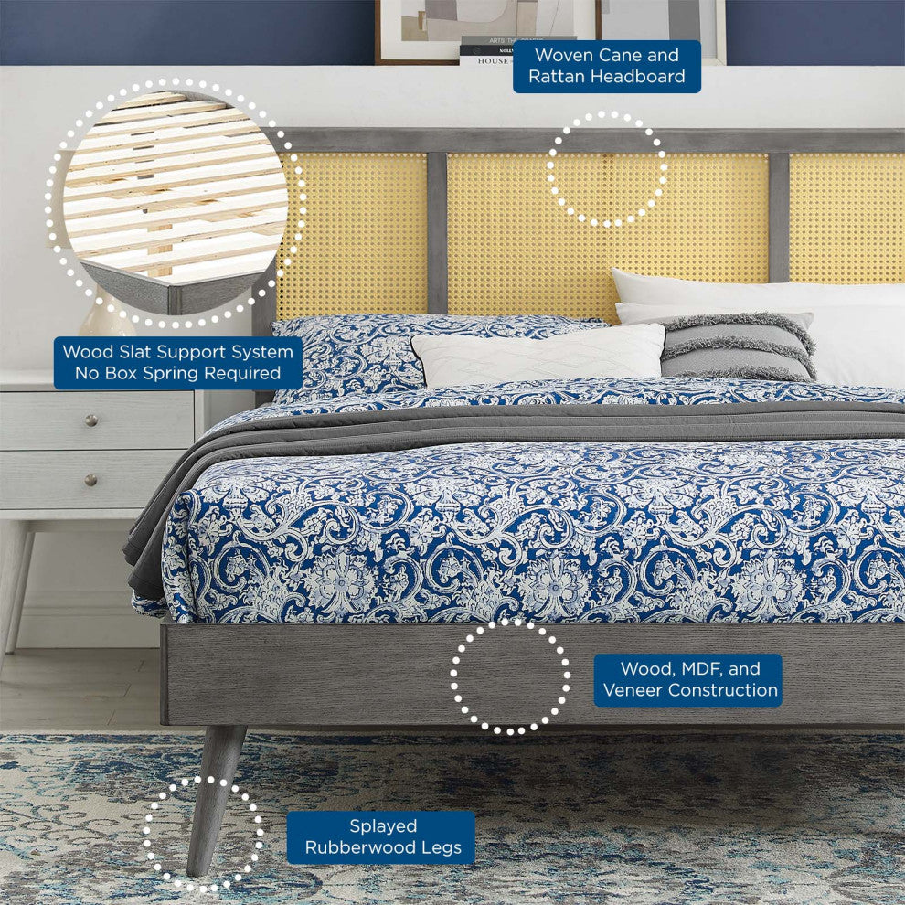 Platform Bed Frame, King Size, Wood, Gray, Modern Mid-Century, Bedroom