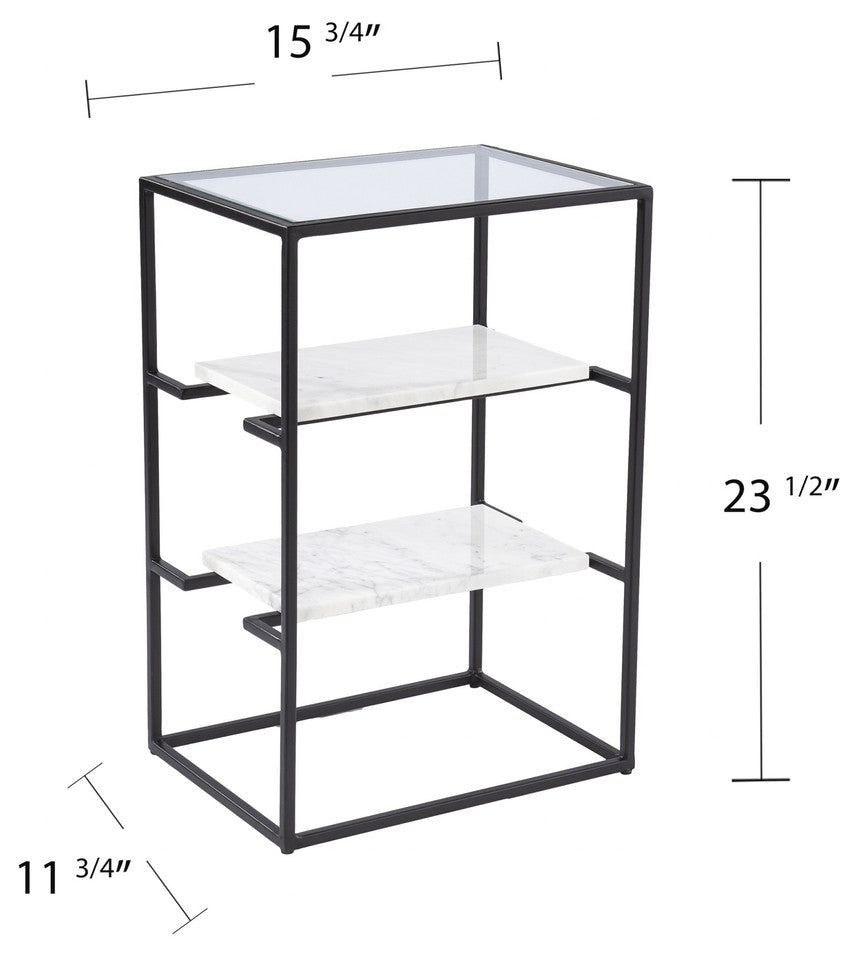 24" Black Glass and Marble Rectangular End Table With Two Shelves