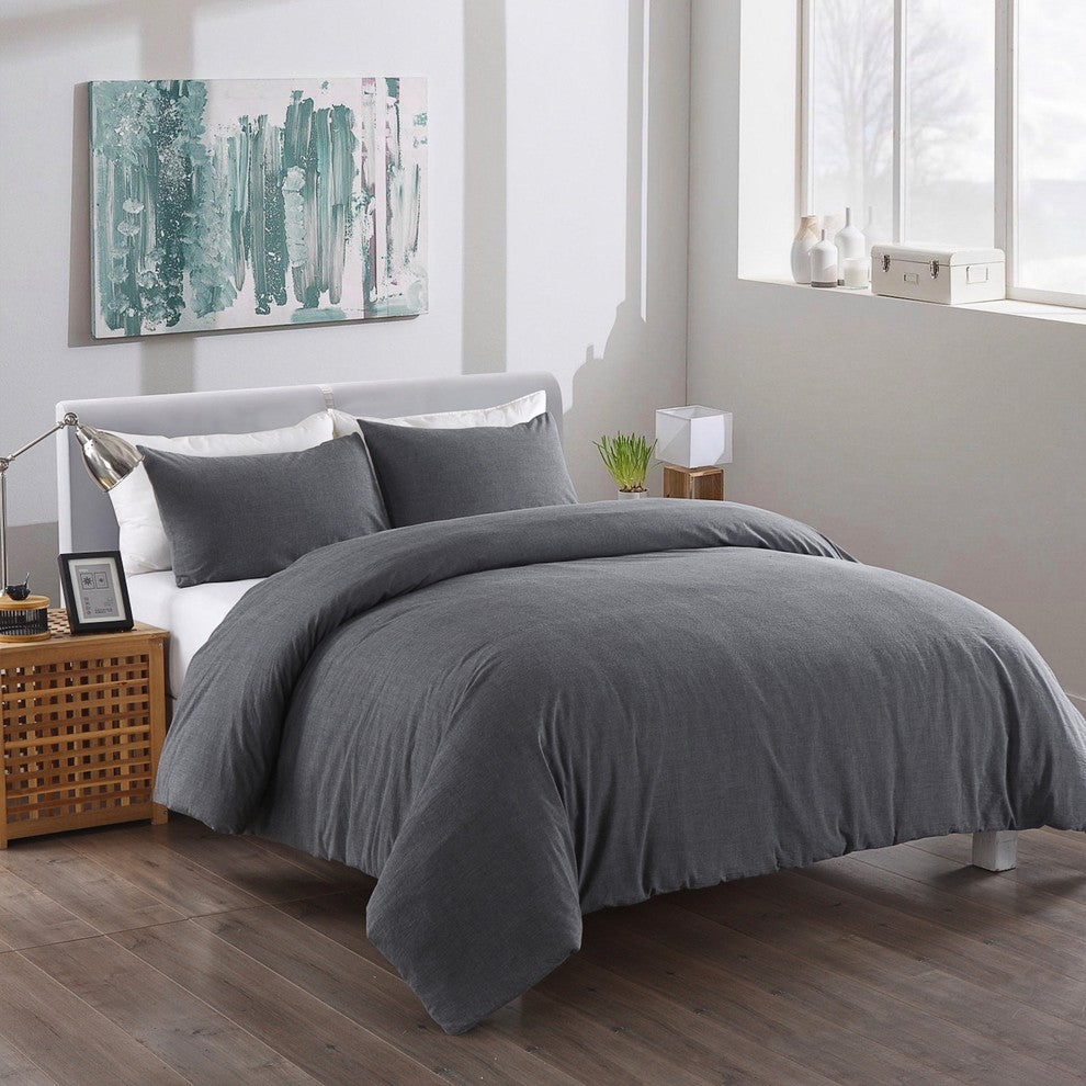 Messy Bed Washed Cotton Duvet Cover and Sham Set, Gray, Full/Queen