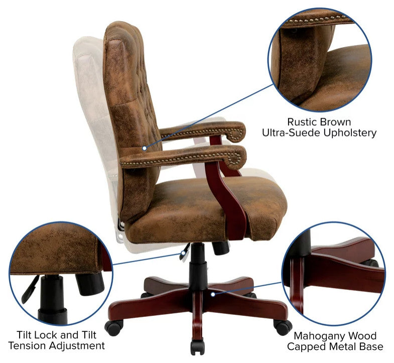 Office Chair, Button Tufted Back & Arms With Nailhead, Bomber Brown Microfiber