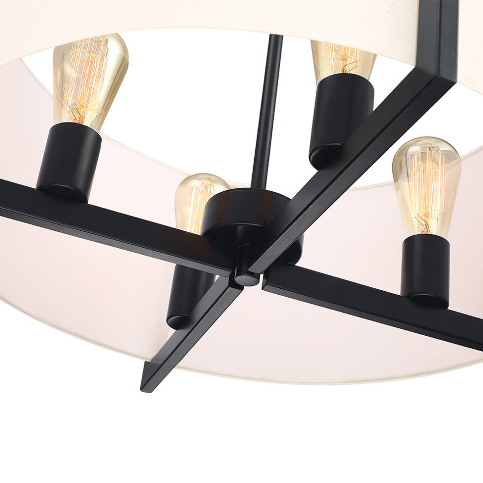 22" W 4-Light Matte Black Chandelier Pendant Light With White Drum Shade