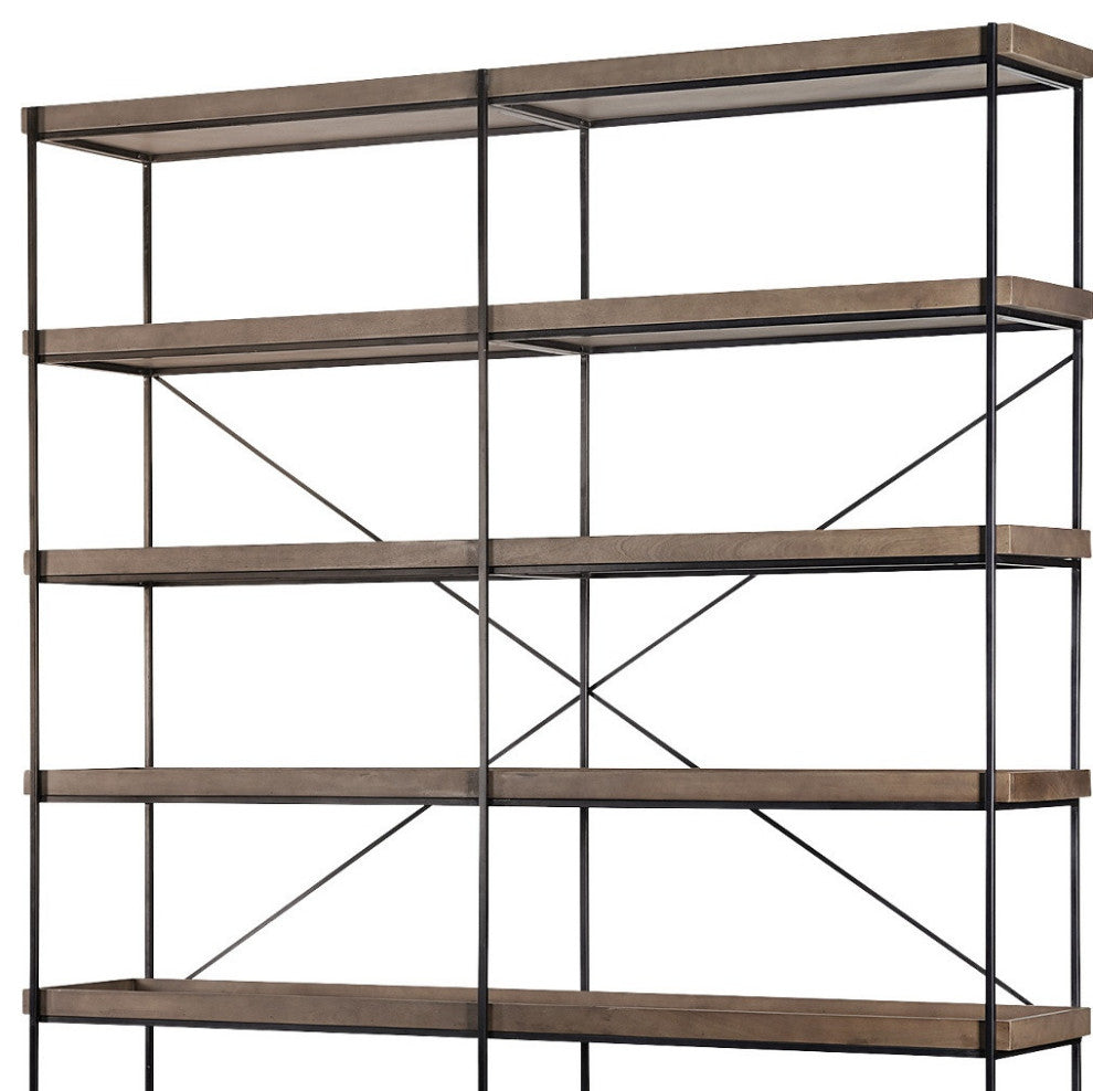 88" Black And Brown Iron and Wood Five Tier Bookcase