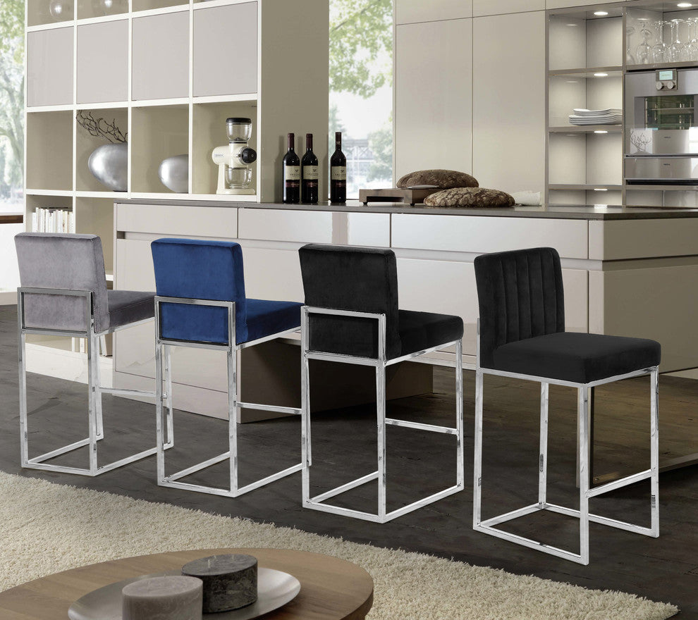 Giselle Velvet Counter Stool, Gray, Chrome Base