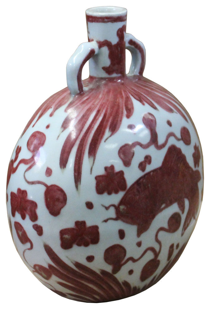 Chinese Oriental Pink Red White Base Fish Graphic Porcelain Vase Hws398