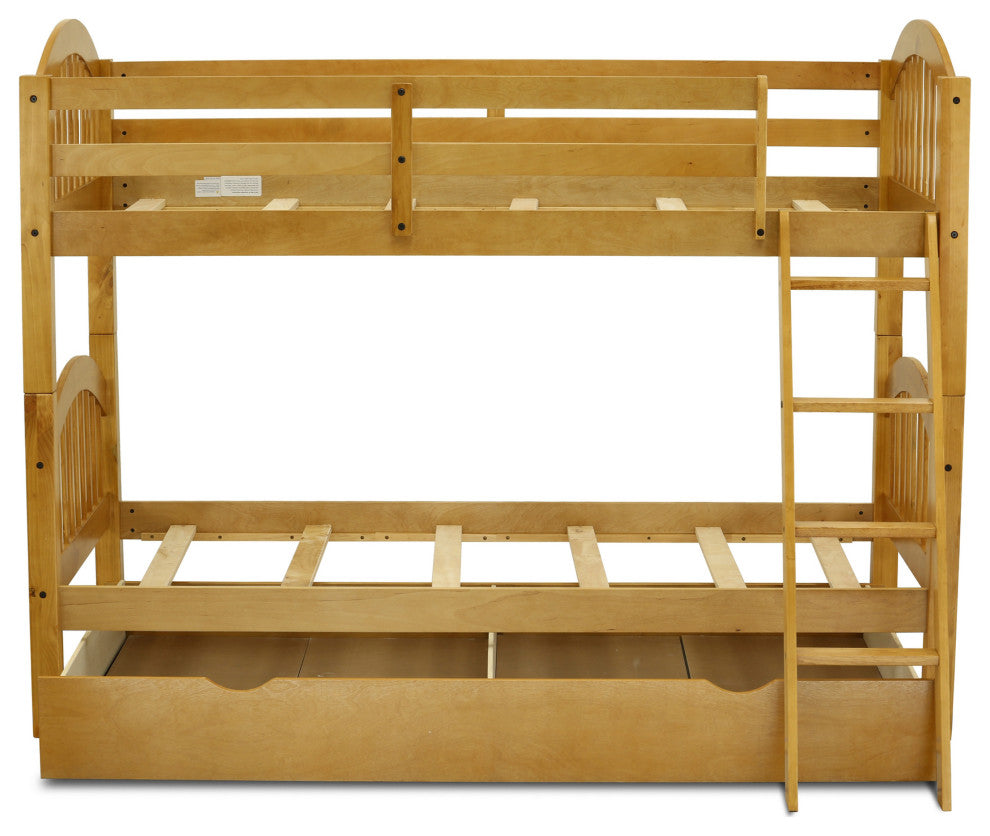Verona Twin Bunk Bed In Natural Oak Finish With Convertible Trundle & Drawer