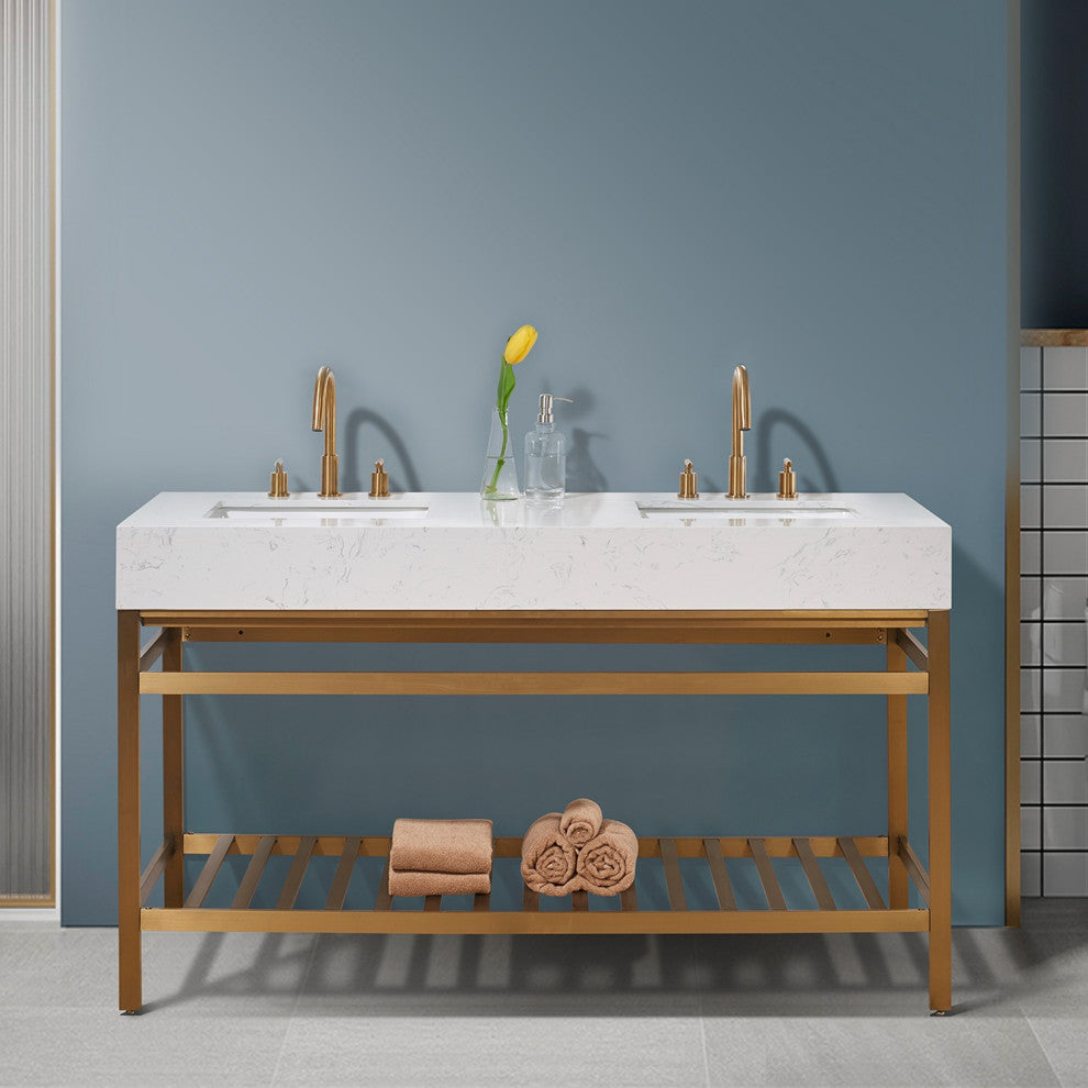 Merano Stainless Steel Vanity Console With Aosta White Stone Countertop, Brushed Gold, 60", No Mirror