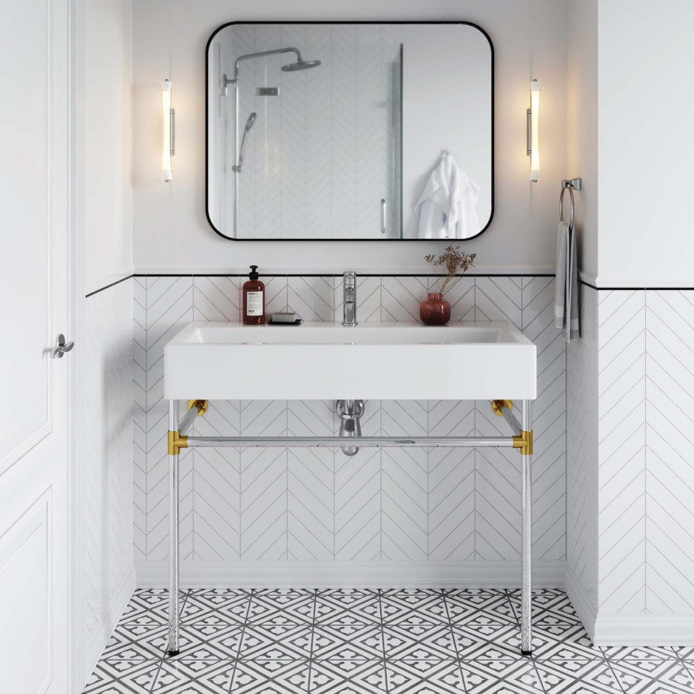 Sink Vanity, Wall Mount, Silver White, Ceramic, Stainless, Modern, Bathroom