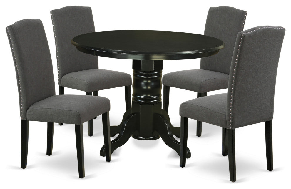 5Pc Rounded 42" Dining Table, Four Parson Chair, Fabric Dark Gotham Grey