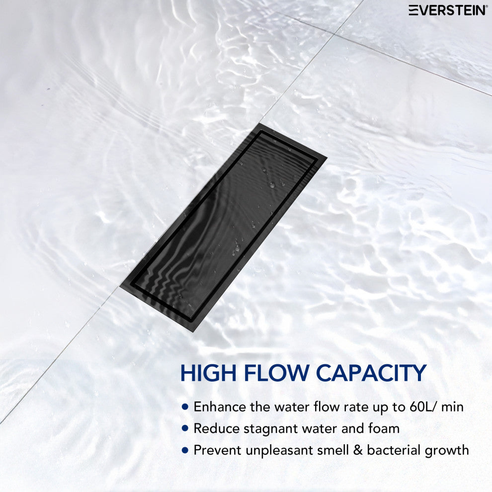 Linear Shower Drain with Hair Strainer and Reversible Tile Insert Cover, Matte Black