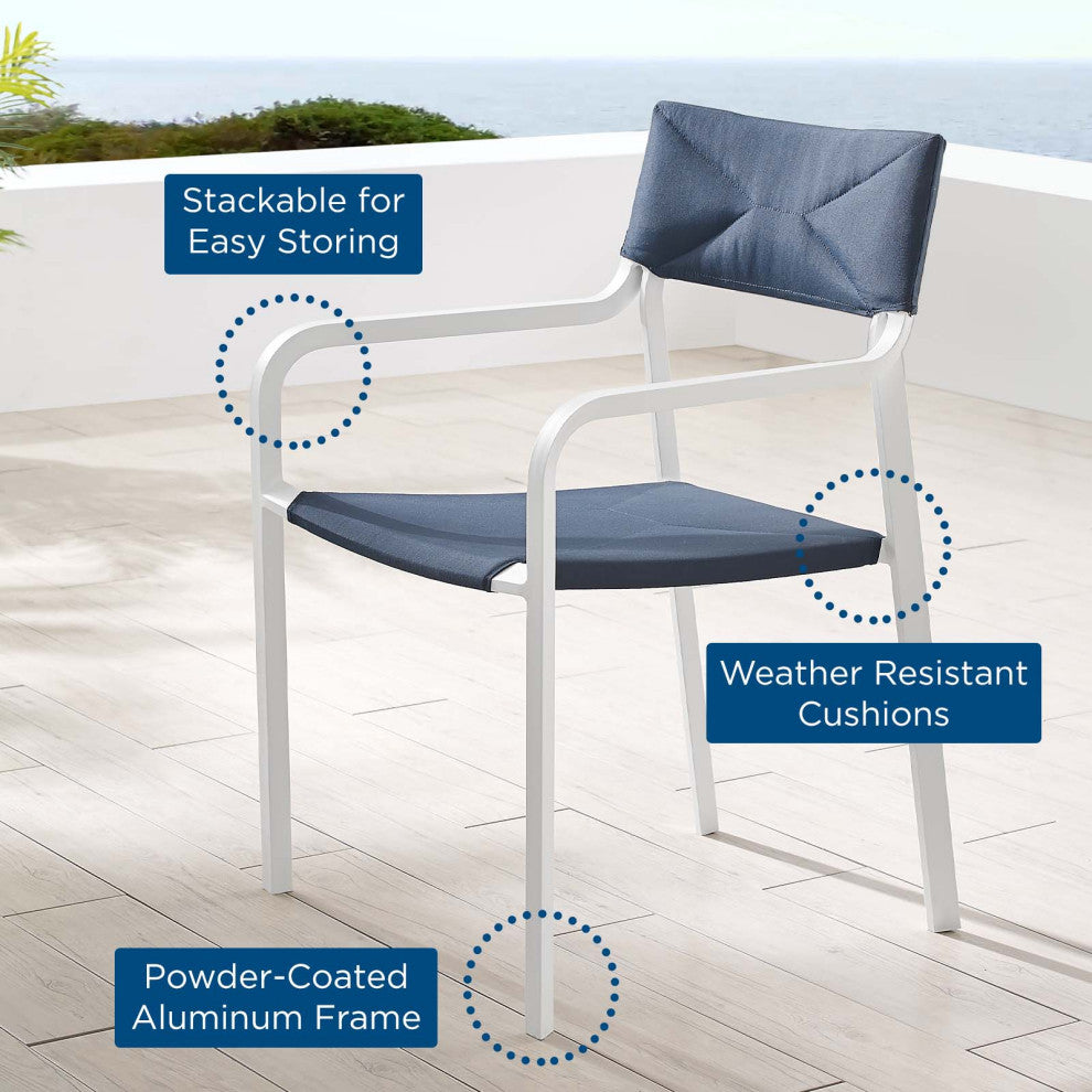 Side Dining Chair Armchair, Aluminum, Metal, White Blue Navy, Modern, Outdoor