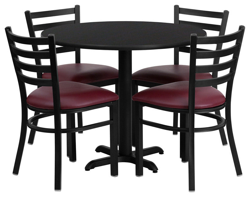 Dyersburg 5pcs Table Set Round 36" Black Laminate X-Base, Burgundy Chair