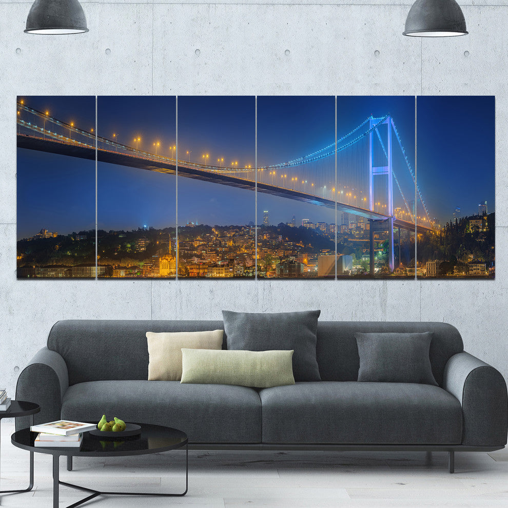 Bosphorus Bridge at Night Istanbul, Landscape Canvas Print, 70"x28", 6 Panels