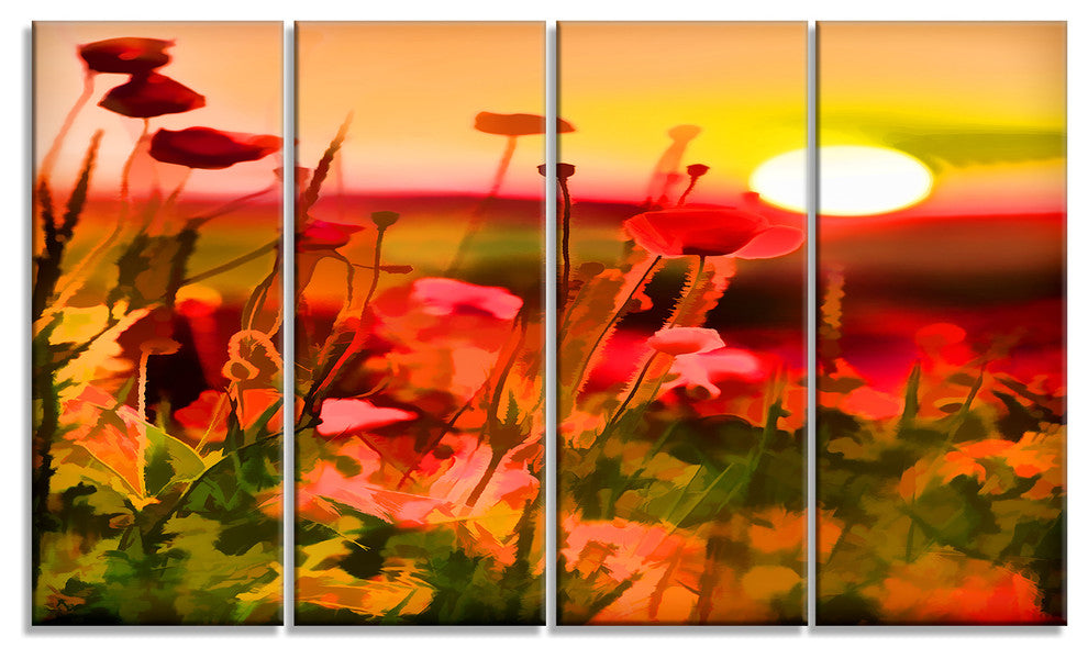 Summer Sunset with Red Poppies, Large Landscape Canvas Print, 48"x28", 4 Panels
