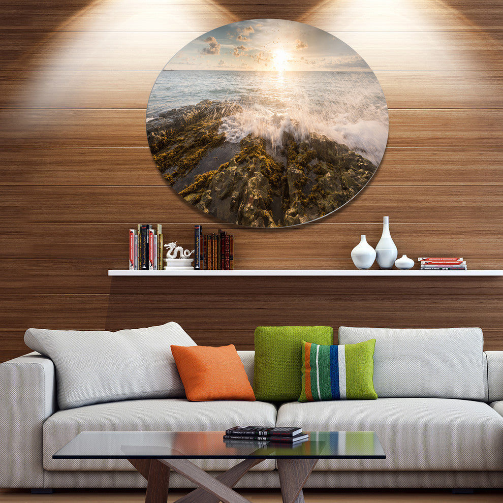 Sea Waves Impact On Rocky Shore, Beach Large Disc Metal Wall Art, 36"