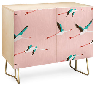 Deny Designs Flamingo Pink Credenza, Birch, Gold Steel Legs