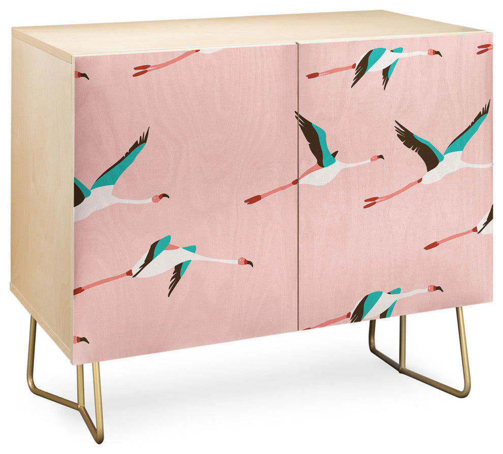 Deny Designs Flamingo Pink Credenza, Birch, Gold Steel Legs
