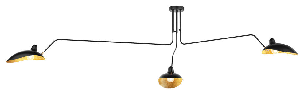 Farmhouse Matte Black 3-Light Semi Flush Mount Ceiling Light with Gold Leaf