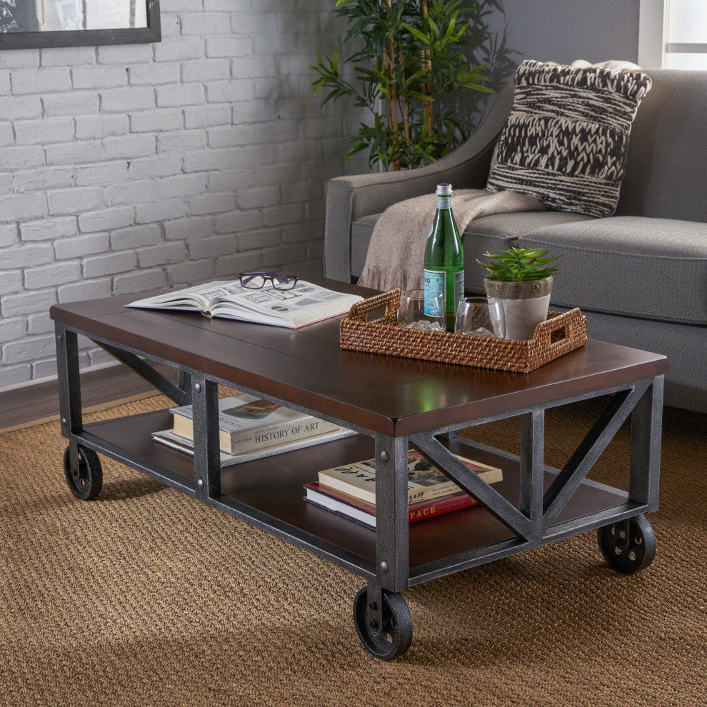 GDF Studio Dresden Faux Wood Coffee Table With Antique Black Iron Frame, Rustic