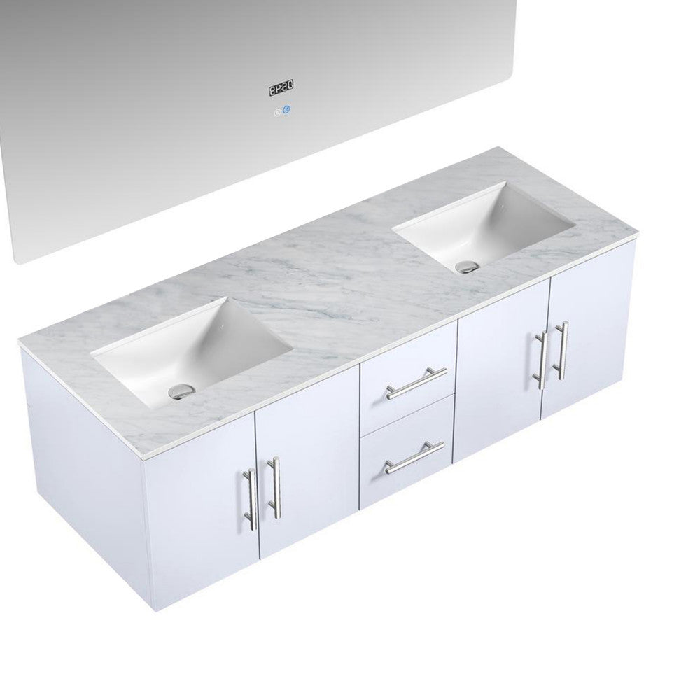 Geneva Transitional Glossy White 60" Double Vanity with 60" Led Mirror