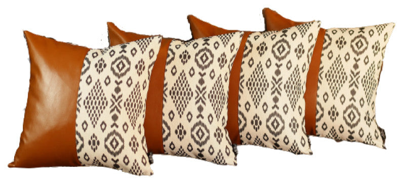 Set of 4 Black and White Tribal Faux Leather Pillow Covers