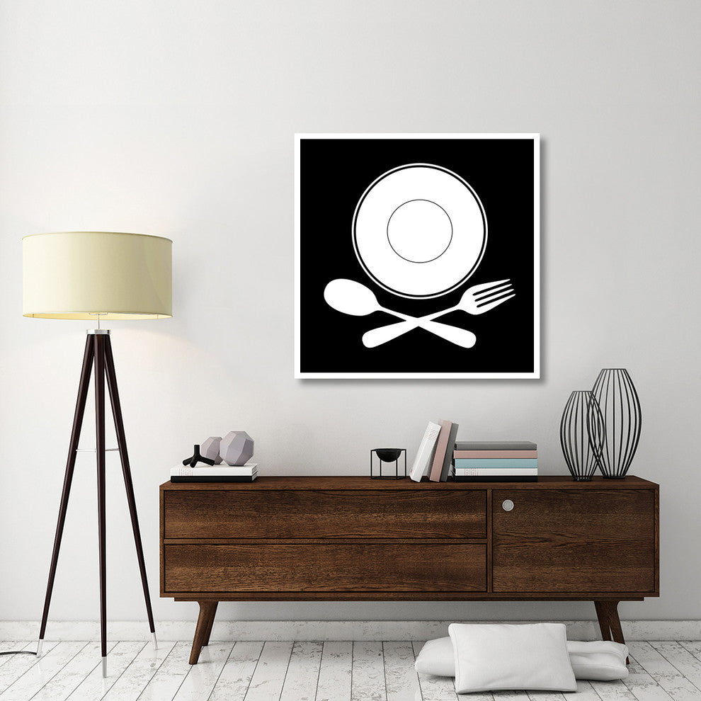 "Mealtime: White on Black - Plate with Crossed Cutlery" Paper Art, 42"x42"