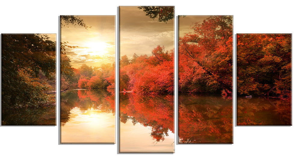 Colorful Fall Sunset over River, Landscape Canvas Art Print, 60"x32", 5 Panels