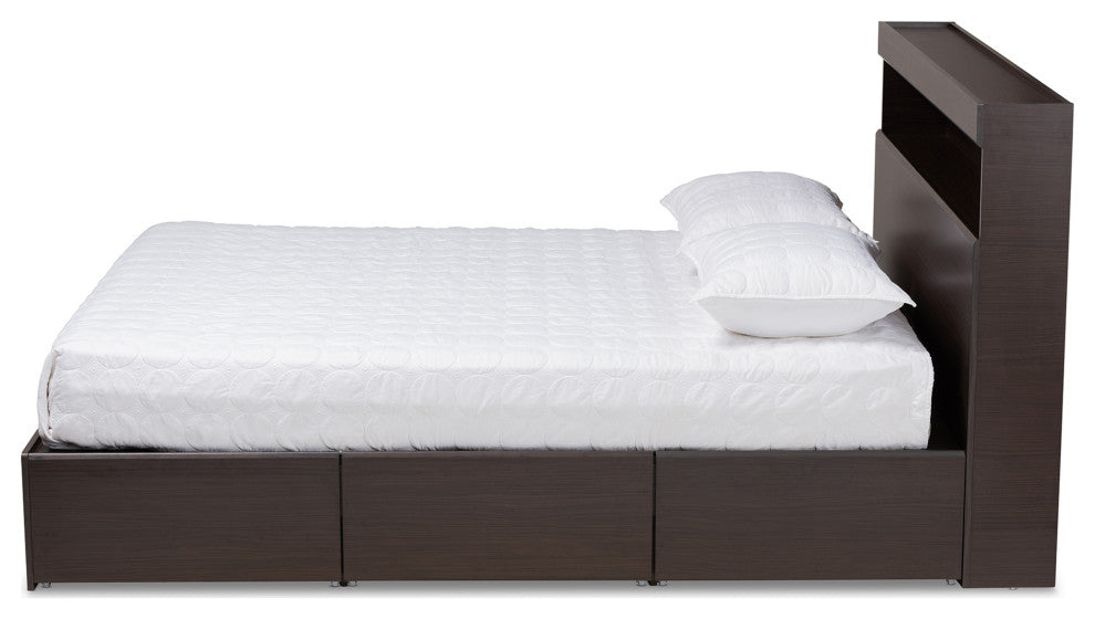 Elkton Walnut Finish Mid Century Platform Bed With Storage, Queen