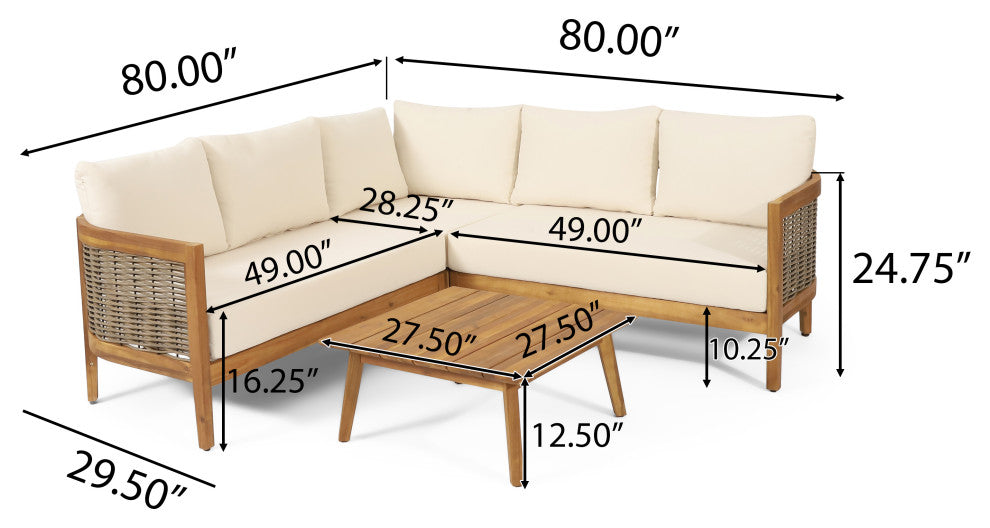 The Crowne Outdoor Acacia Wood and Round Wicker 5 Seater Sectional Sofa Chat Set