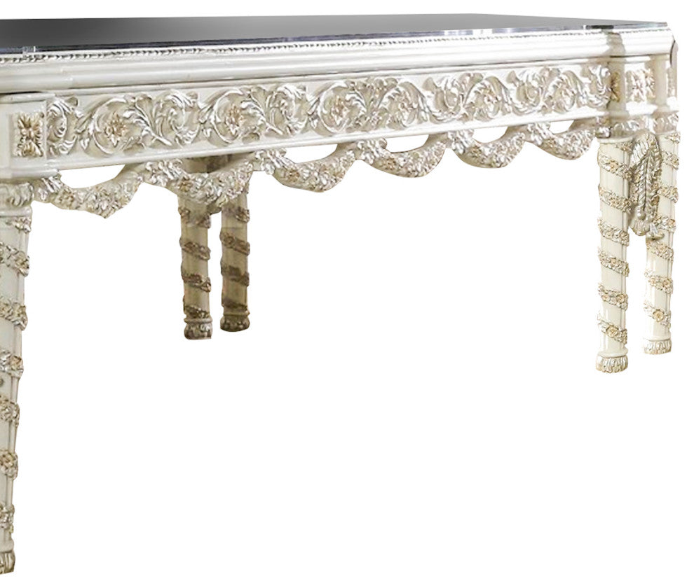Benzara BM266457 Dining Table With Gold Trim Accent, Antique White
