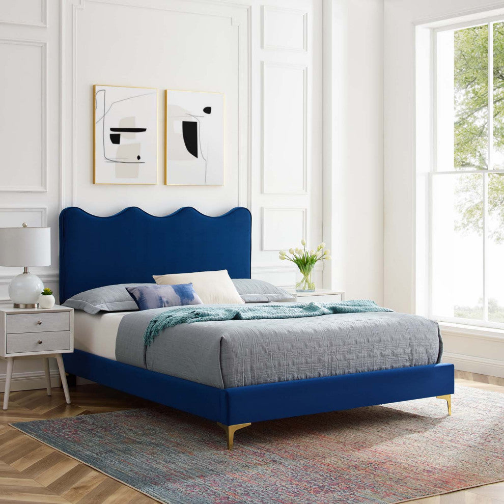 Platform Bed Frame, King Size, Blue Navy, Velvet, Modern, Bedroom Guest Suite