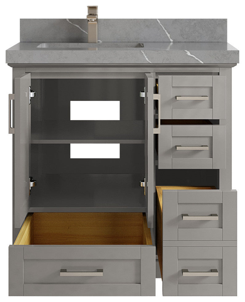 Boston 36 Left Offset Bath Vanity in Elephant Skin Gray 2" Piatra Gray