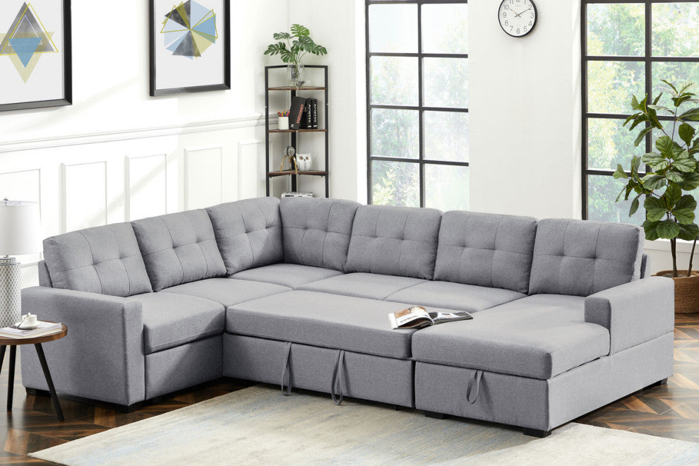 Selene Light Gray Linen Fabric Sleeper Sectional Sofa With Storage Chaise