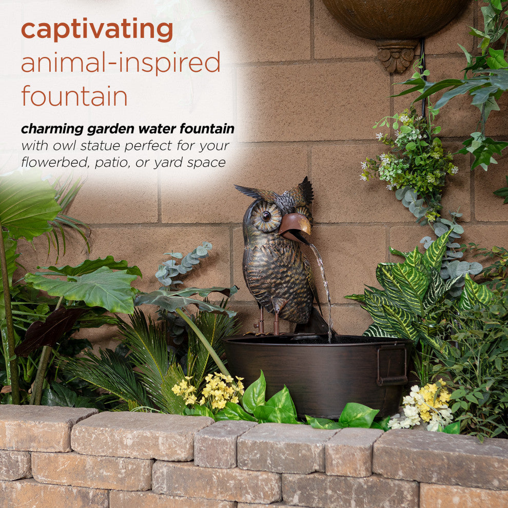 Alpine Metal Owl on a Tin Fountain, 23" Tall