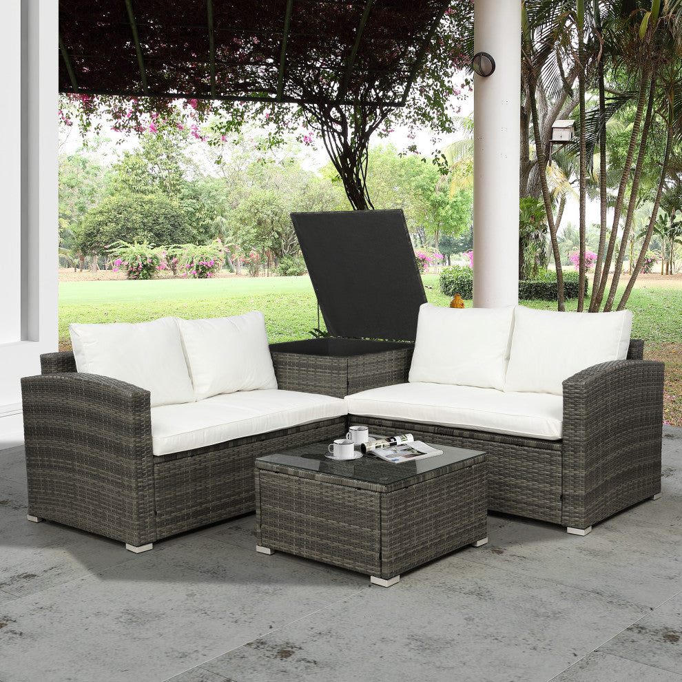 4 Pieces Outdoor Rattan Wicker Patio Sectional With Storage and Cushions