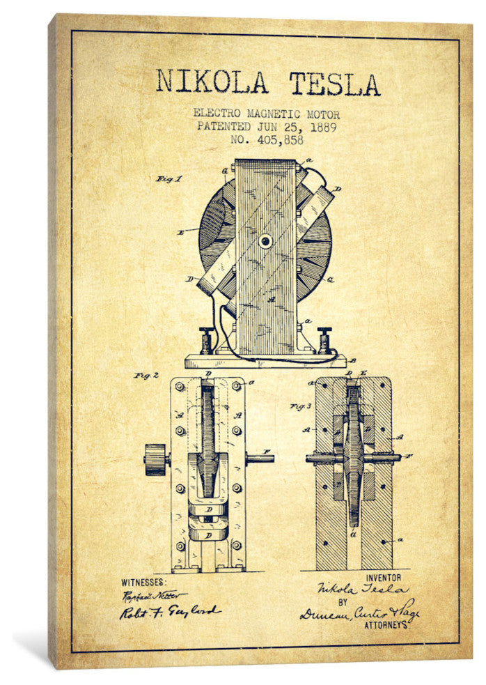 "Electro Motor Vintage Patent Blueprint" by Aged Pixel, Canvas Print, 18"x12"