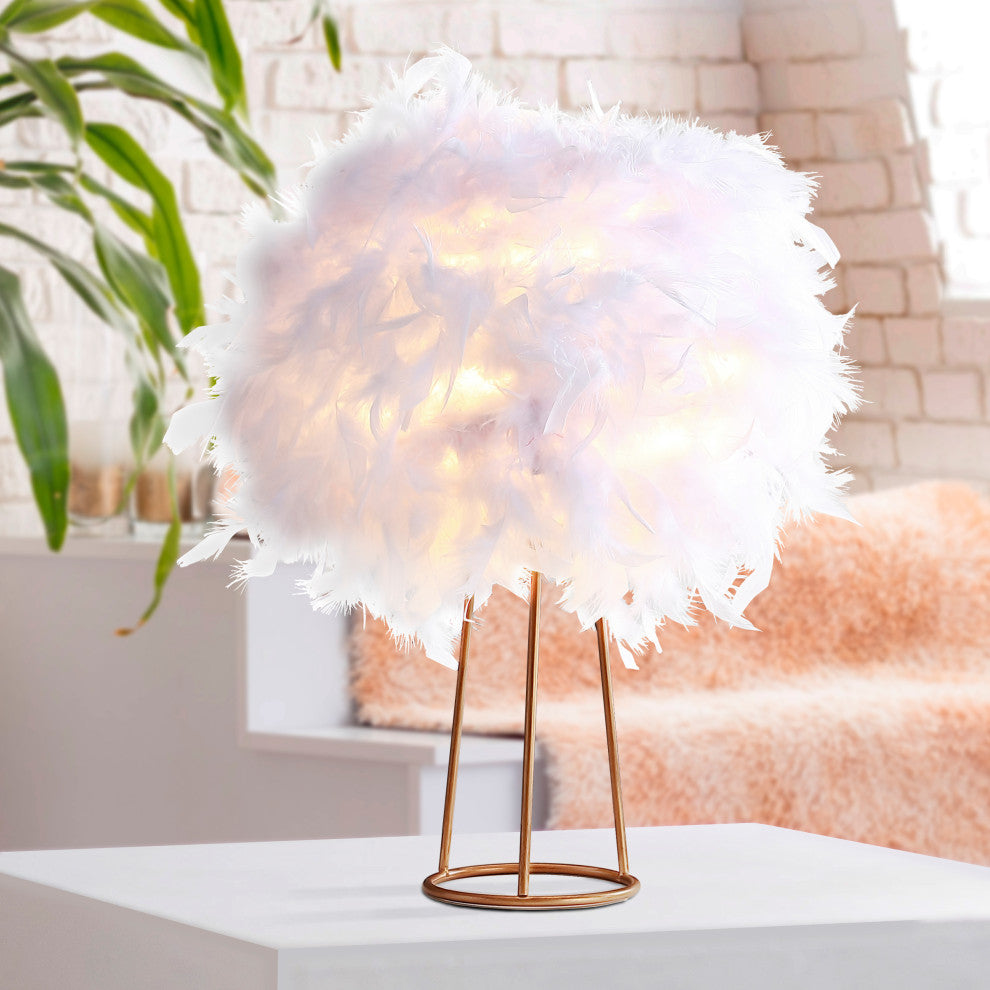 Stork 16" Feather Metal Led Table Lamp, White and Gold