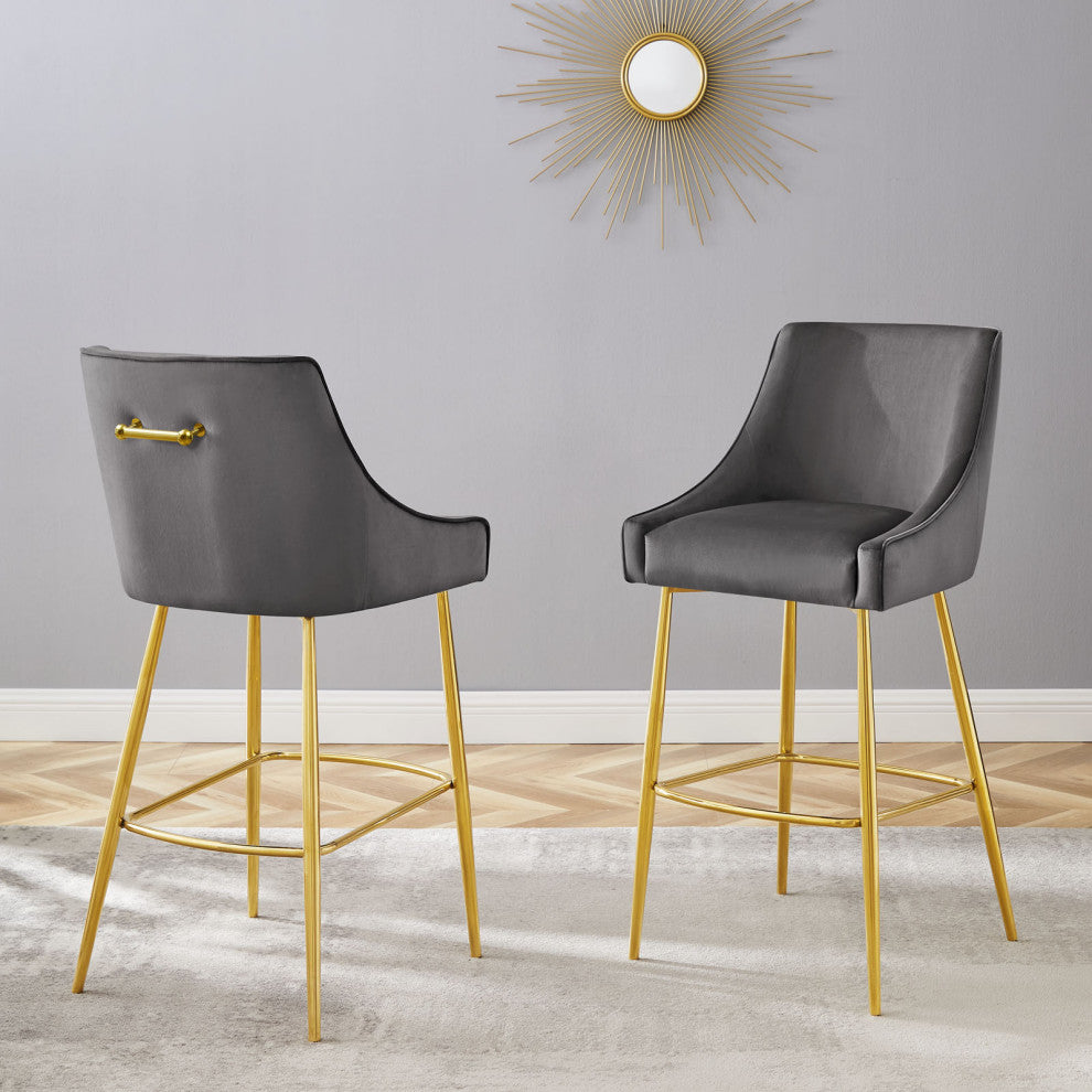 Bar Stool Chair Barstool, Set of 2, Gray, Velvet, Modern, Mid Century
