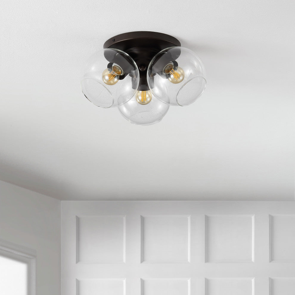Iris 11.5" 3-Light Farmhouse Rustic Iron/Glass LED Semi Flush Mount, Black