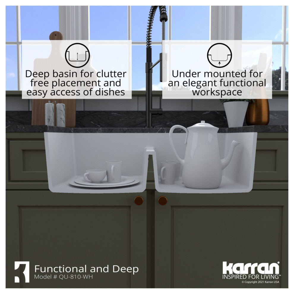 Karran 32" Undermount Double Bowl 50/50 Quartz Kitchen Sink Kit, White