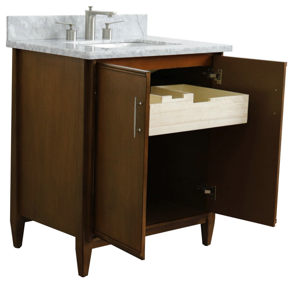 31" Single Sink Vanity, Walnut Finish With White Carrara Marble
