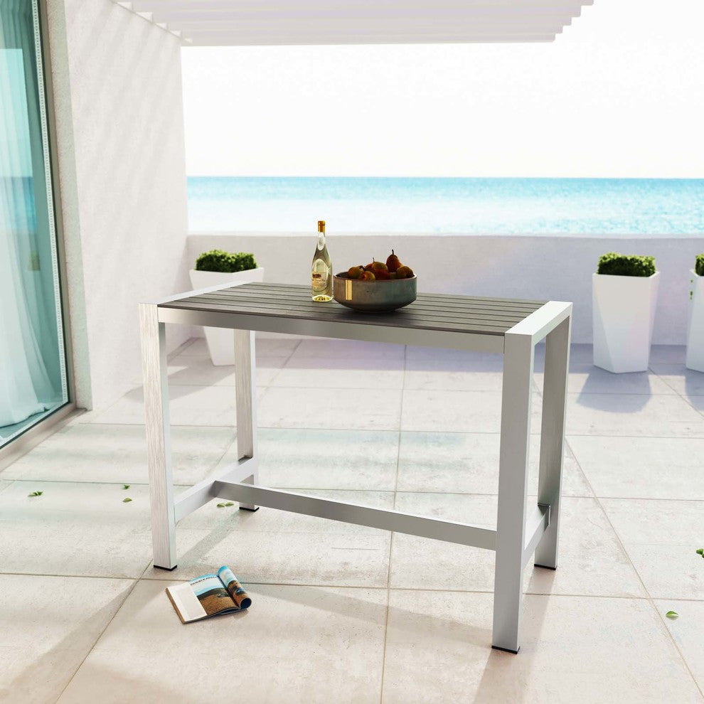 Shore Outdoor Patio Aluminum Rectangle Bar Table, Silver Gray