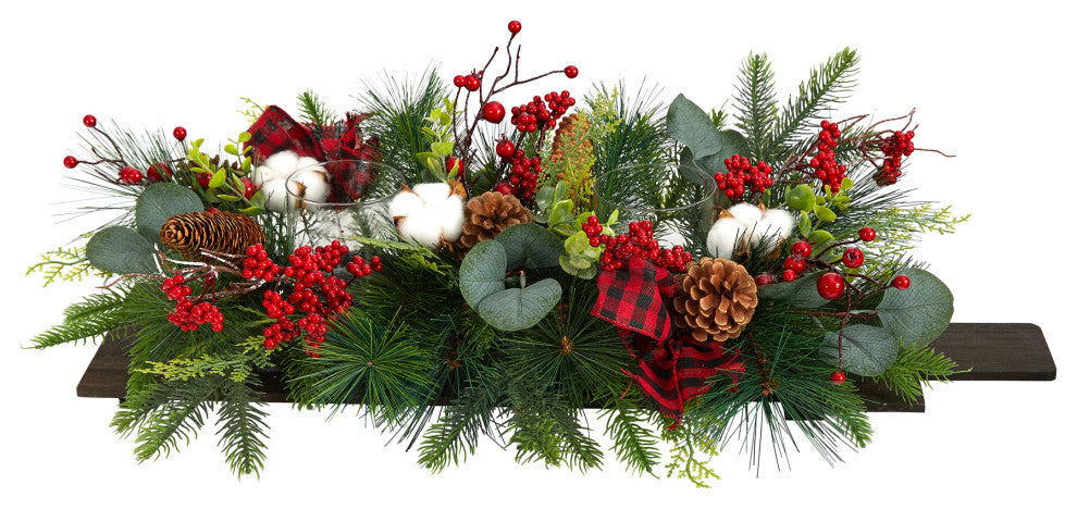 24" Holiday Berries, Pinecones & Eucalyptus Xmas Faux Arrangement Wall Decor