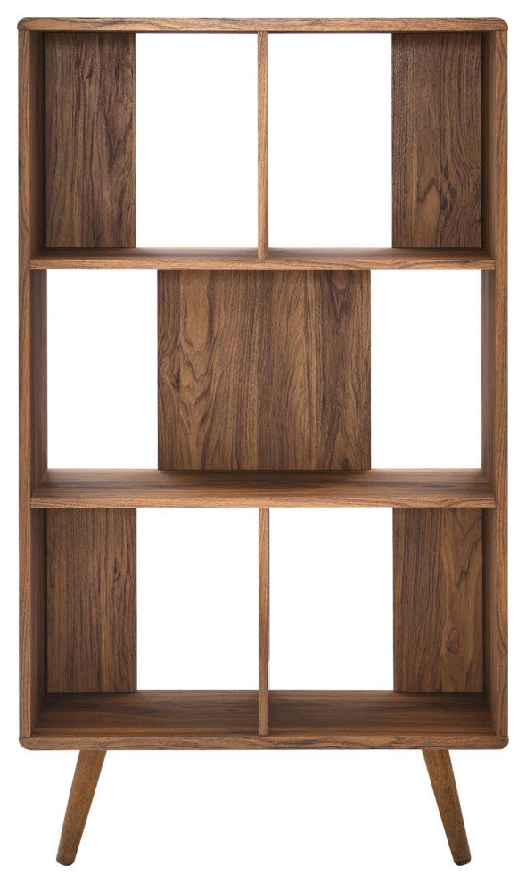 Bookcase Wall Shelf Rack, Walnut, Wood, Modern, Mid Century Hotel Lounge Cafe